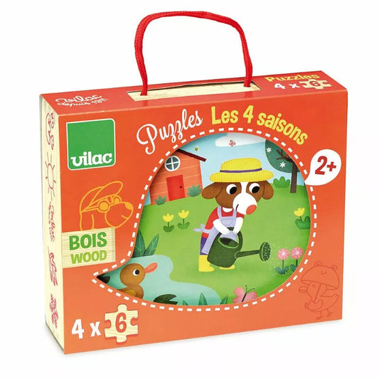 a Vilac Four Seasons Wooden Puzzle with an image of a dog and a flower.