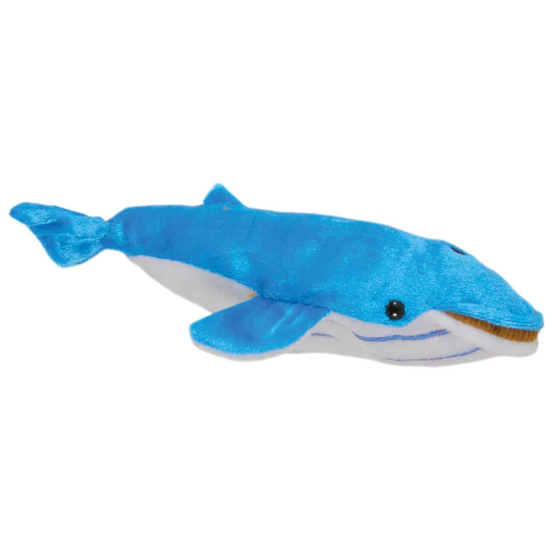 The Puppet Company Blue Whale Finger Puppet is a plush toy with small black eyes and a stitched mouth, featuring blue on top and white underneath. Its soft, elongated design makes it perfect for bedtime or storytime adventures against a plain white background.