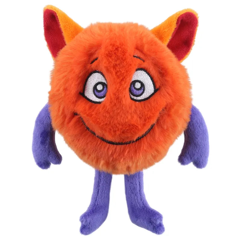 The Womp Micro Monster Finger Puppet by The Puppet Company is a round, orange plush with purple arms and legs, big eyes, a wide smile, and orange-red ears—perfect for any cuddly collection.