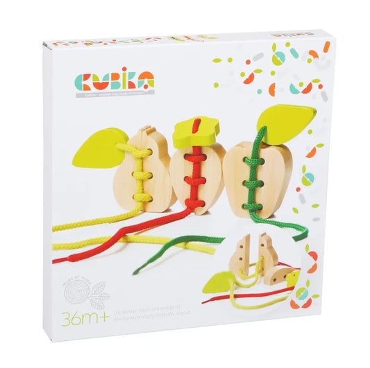 A box of Cubika Lacing Fruits, chunky wooden apple-shaped toys for kids 36 months+, with colored laces for threading—ideal for hand-eye coordination—displayed on a white background with colorful accents.