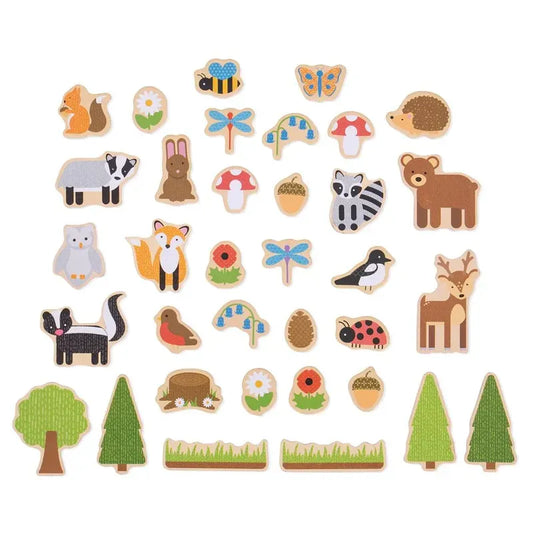 The Bigjigs Woodland Magnets feature illustrated stickers of forest animals, plants, and insects such as foxes and owls on a white background. Ideal for ages 3 and up, these whimsical designs encourage playful discovery while introducing new vocabulary.