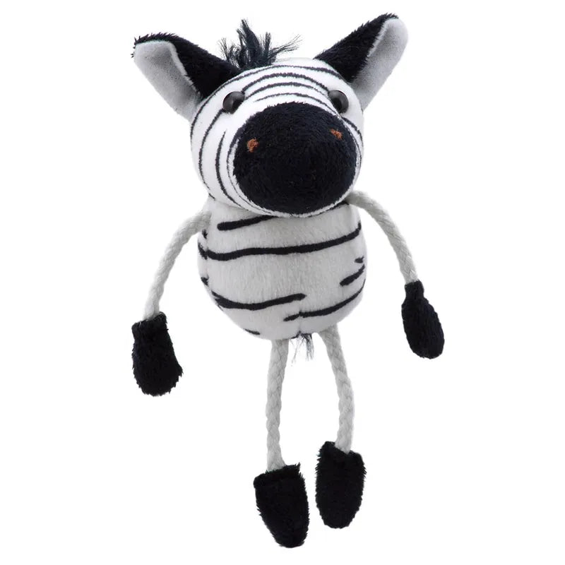The Puppet Company Zebra Finger Puppet is a plush, cute zebra toy with black and white stripes, small round eyes, a large nose, floppy ears, and a fluffy mane. Its round body and rope-like limbs make it perfect for storytime fun and bedtime delight.
