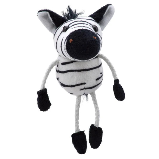 The Puppet Company Zebra Finger Puppet is a plush, cute zebra toy with black and white stripes, small round eyes, a large nose, floppy ears, and a fluffy mane. Its round body and rope-like limbs make it perfect for storytime fun and bedtime delight.