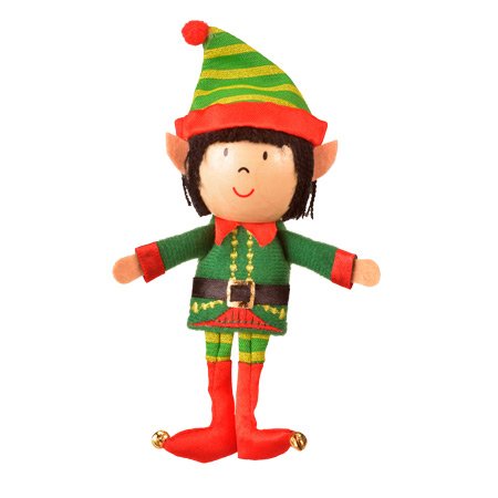 The Fiesta Crafts Boy Elf Finger Puppet features a plush design with a wooden head, dressed in a green and red striped hat, a green outfit accented by a black belt, and red shoes decorated with bells. This charming elf has black hair, a friendly smile, and is poised for imaginative play with its arms wide open.