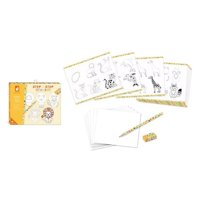 A Janod Step By Step Drawing 20 Models Animals is displayed, featuring a yellow box with illustrated animal designs. Perfect for kids aged 7 to 10 years, the kit includes step-by-step templates for learning to draw animals. Blank sheets of paper, a pencil, and an eraser with matching animal patterns are also included.