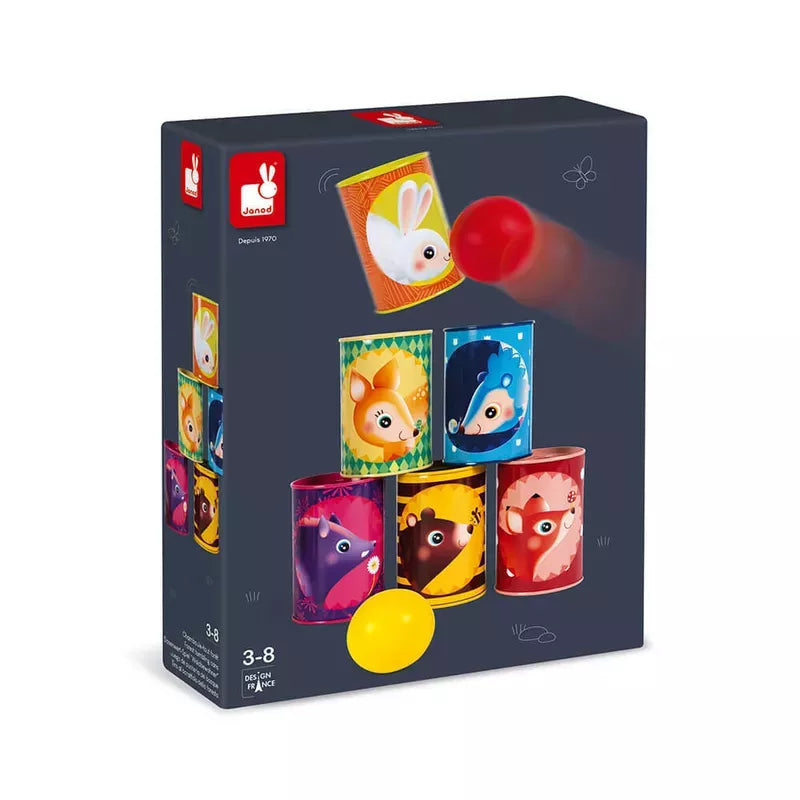 A boxed board game featuring Janod Forest Tumbling Cans, aimed at children aged 3 to 8, perfect for active play at an outdoor party.