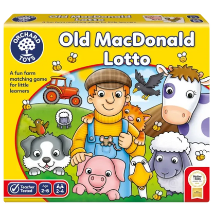 Image of the Orchard Toys Old Macdonald Lotto game box. The cover depicts a farmer with farm animals, including a cow, sheep, dog, pig, and hen, set against a backdrop of farming scenery with a tractor. Designed for children aged 2-6.