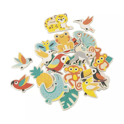 A pile of Janod 24 piece Tropical Magnets set with animals on them.