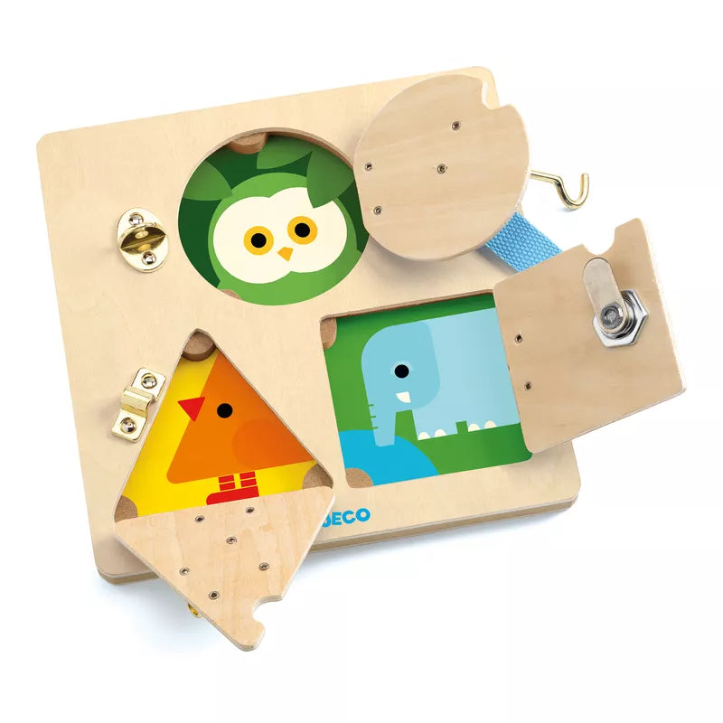 A Djeco Lockbasic Skill Game with a picture of an elephant and an owl.