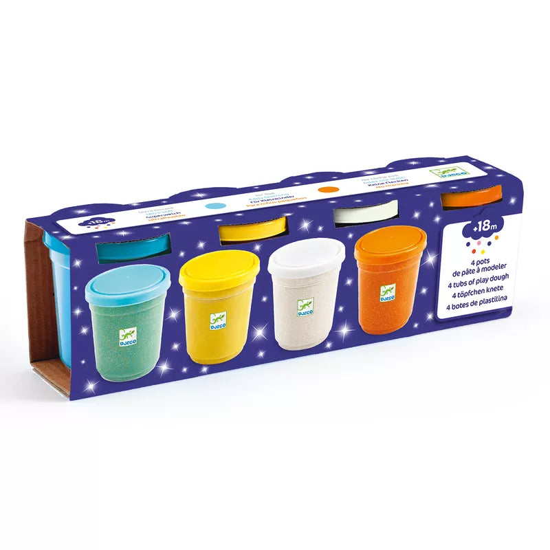 A set of Djeco 4 pots of glittery play dough in a cardboard box.