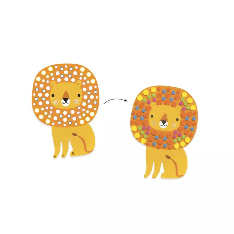 A paper cut out of Djeco's Mosaics Soft Jungle lion and a Djeco lion.
