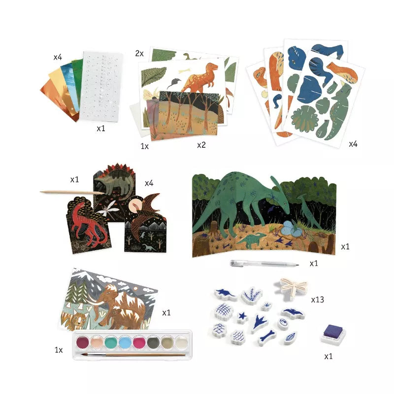 A Djeco Multi Activity Set Dino Box on the table with other items.