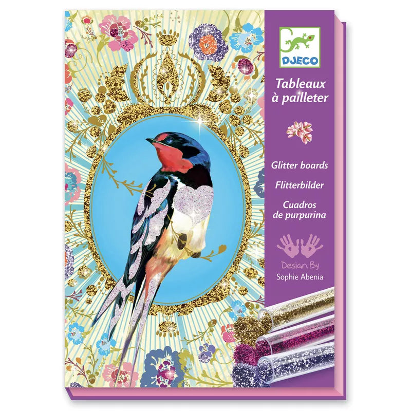 A picture of Djeco Birds Glitter Boards on a blue background.
