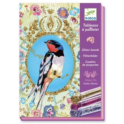 A picture of Djeco Birds Glitter Boards on a blue background.
