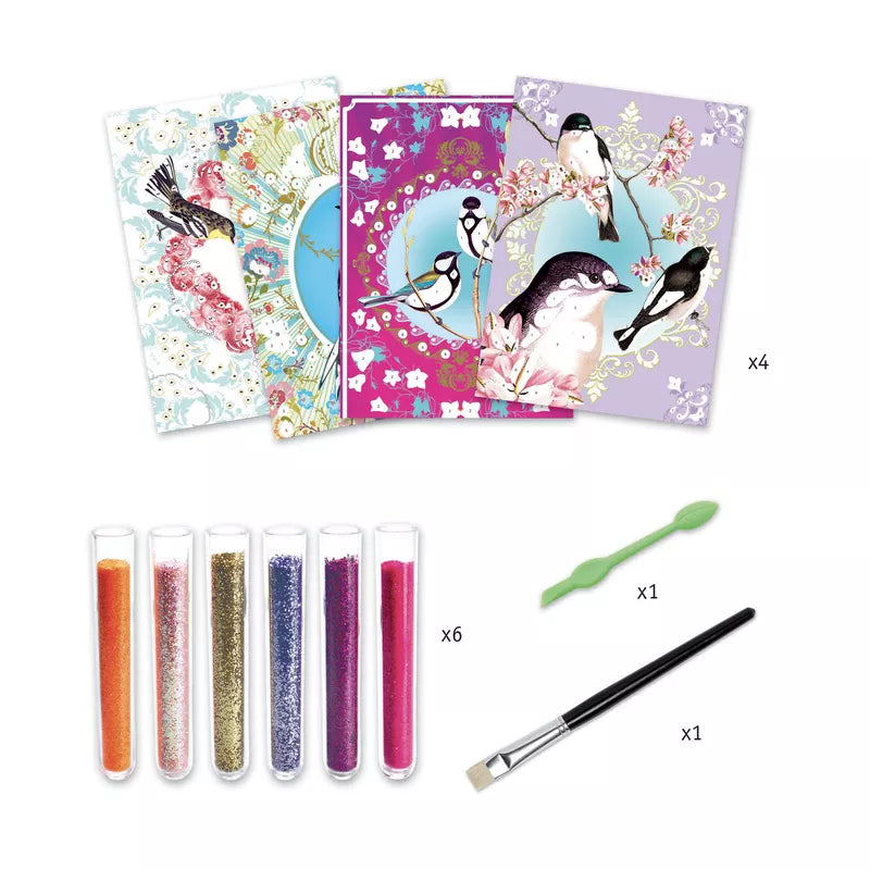 A set of four Djeco Birds Glitter Boards with glitter pens.