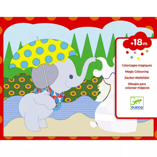 A picture of an elephant holding an umbrella colored with Djeco Colouring Hidden outside by Djeco.